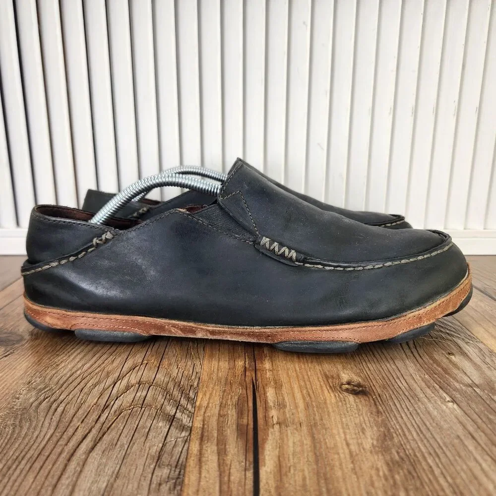 Olukai Moloa Leather Slip On Shoes Mens Sz 12 Black Brown Moc Toe Casual Loafers